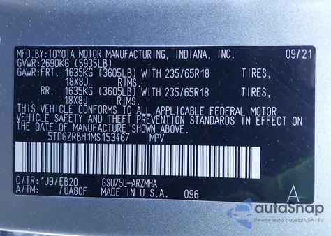 2021 Toyota Highlander Xle from USA, damaged, VIN 5TDGZRBH1MS153467